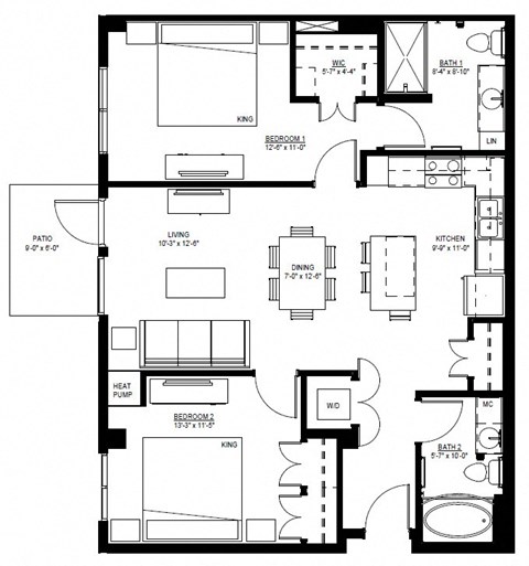 Floor plan for 2 beds, 2 baths, 1056 sqft